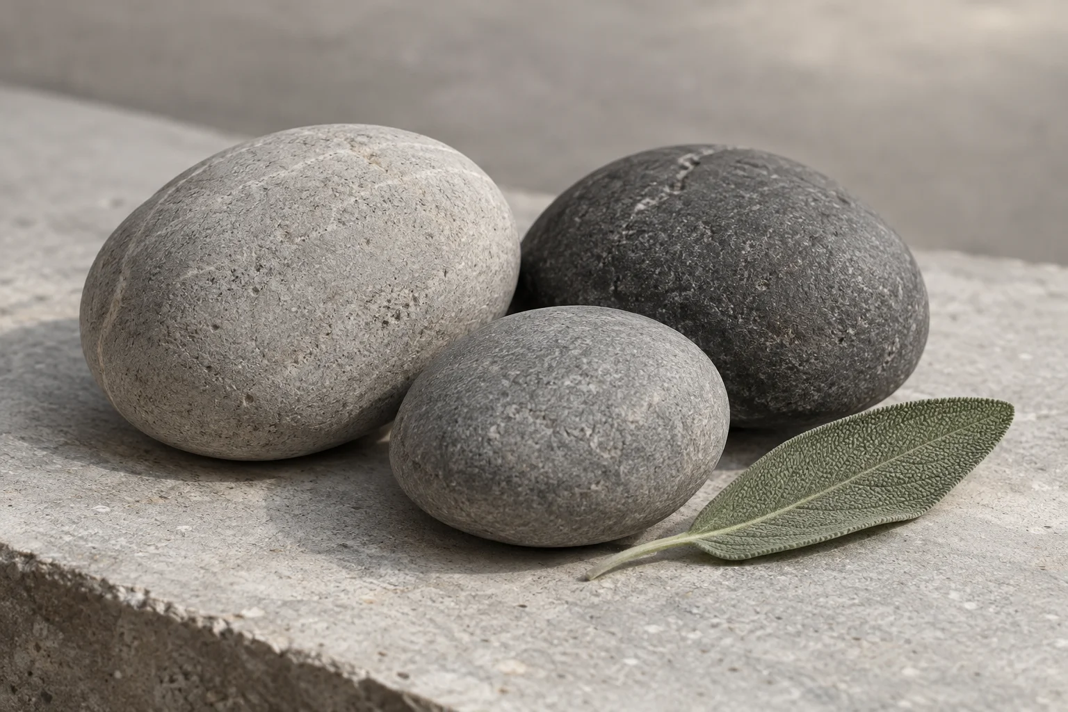 Three smooth gray stones and a sage leaf on a softly lit stone surface